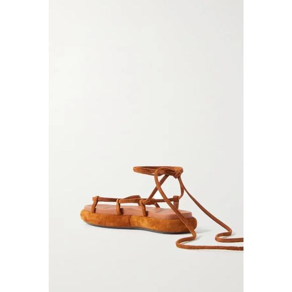 KHAITE Alba Brown Suede Leather Trimmed Strappy Tie Up Ankle Sandals Size 37 - Picture 15 of 15